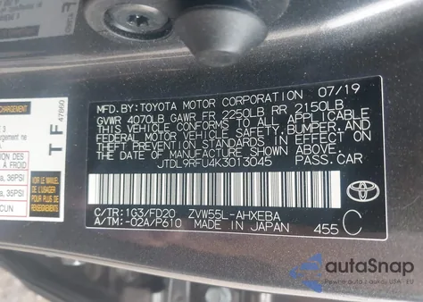 2019 Toyota Prius Le from USA, damaged, VIN JTDL9RFU4K3013045